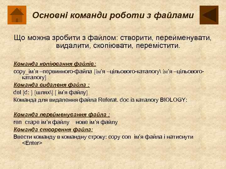 Основні команди роботи з файлами Що можна зробити з файлом: створити, перейменувати, видалити, скопіювати,