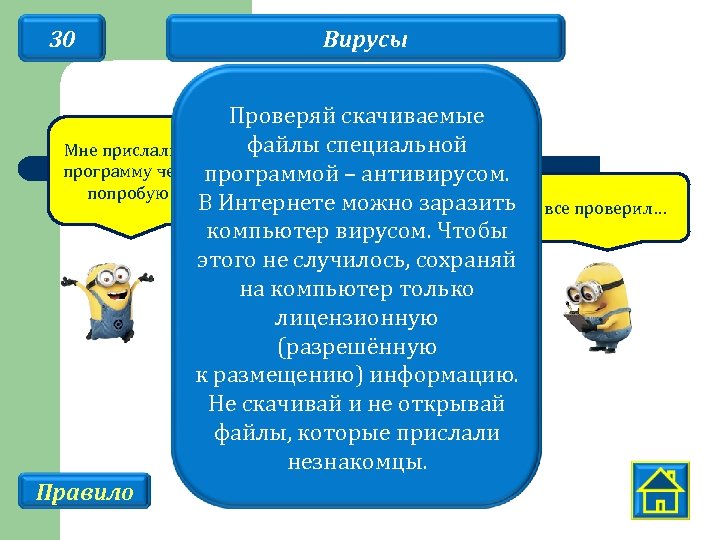 30 Вирусы Проверяй скачиваемые файлы специальной Мне прислали очень полезную программу через почту. Сейчас