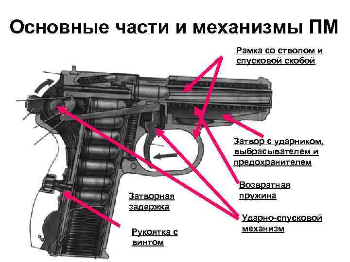 Основные части и механизмы ПМ Рамка со стволом и спусковой скобой Затвор с ударником,