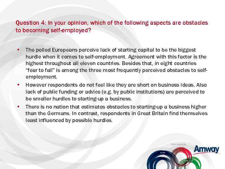 Question 4: In your opinion, which of the following aspects are obstacles to becoming