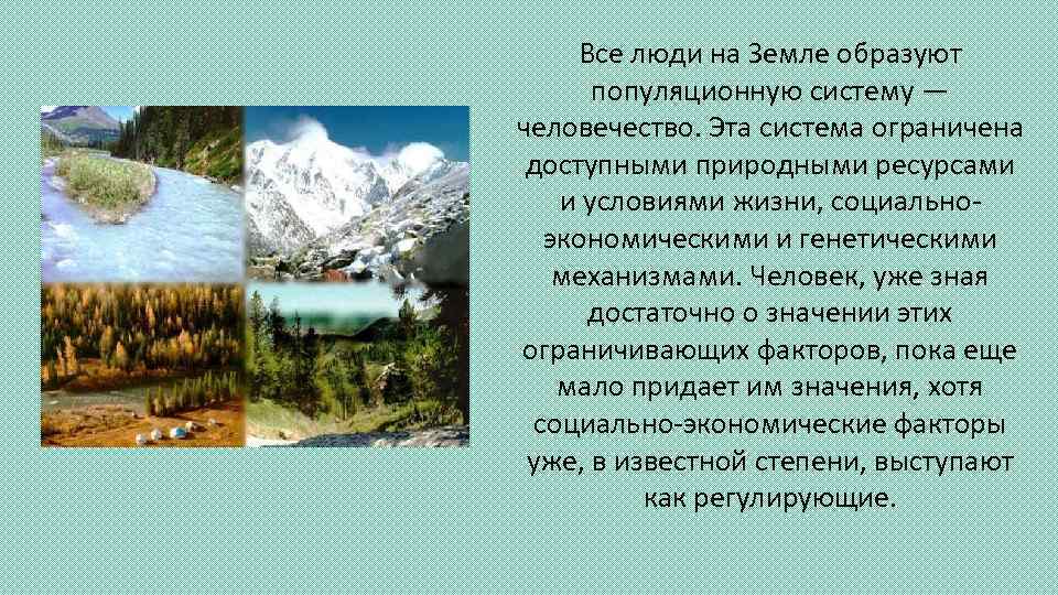 Все люди на Земле образуют популяционную систему — человечество. Эта система ограничена доступными природными