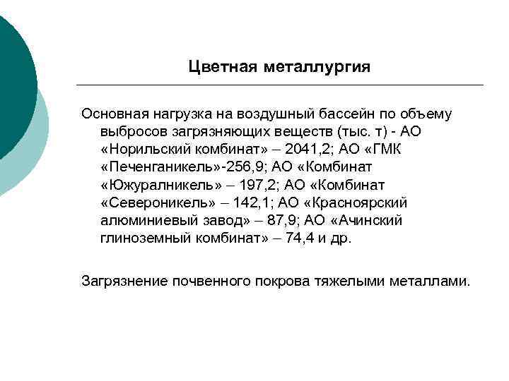 Цветная металлургия Основная нагрузка на воздушный бассейн по объему выбросов загрязняющих веществ (тыс. т)