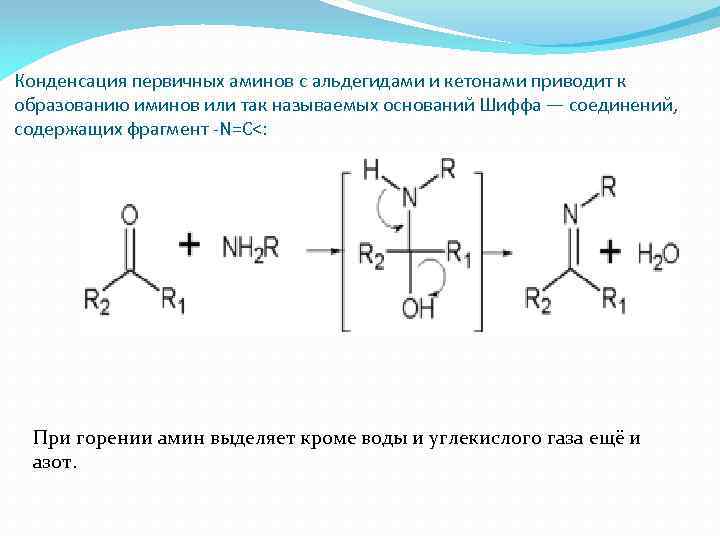 Конденсация первичных аминов с альдегидами и кетонами приводит к образованию иминов или так называемых
