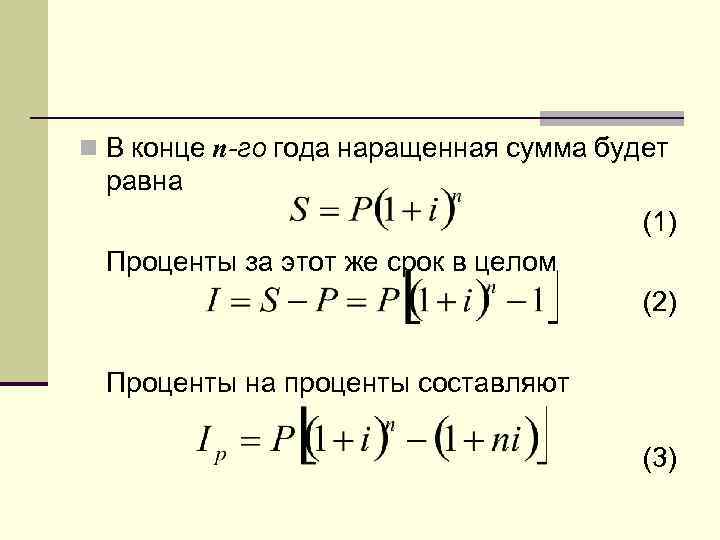 n В конце n-го года наращенная сумма будет равна (1) Проценты за этот же