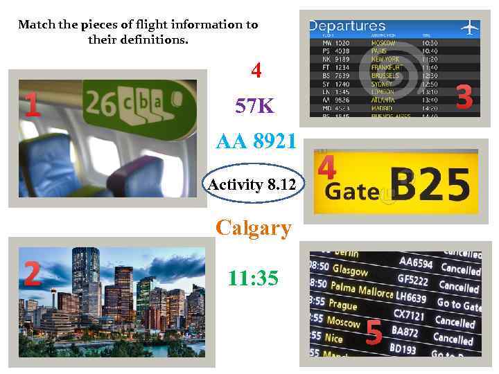 Match the pieces of flight information to their definitions. 1 4 3 57 K
