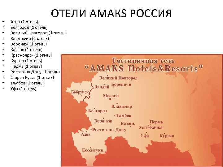  • • • • ОТЕЛИ АМАКS РОССИЯ Азов (1 отель) Белгород (1 отель)