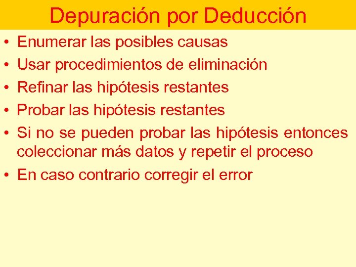 Depuración por Deducción • • • Enumerar las posibles causas Usar procedimientos de eliminación