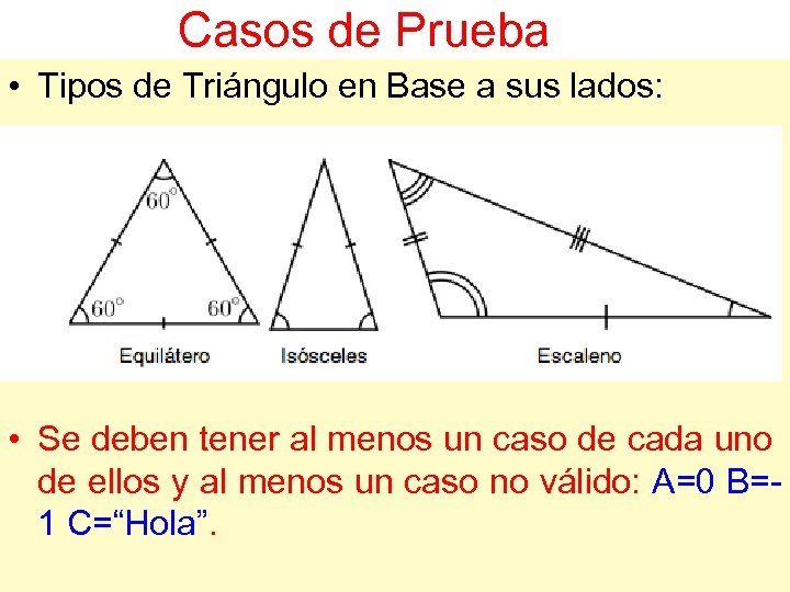 Casos de Prueba • Tipos de Triángulo en Base a sus lados: • Se