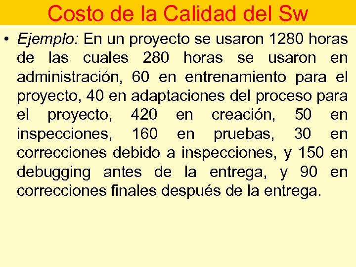 Costo de la Calidad del Sw • Ejemplo: En un proyecto se usaron 1280