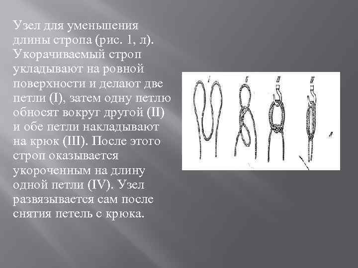 Узел для уменьшения длины стропа (рис. 1, л). Укорачиваемый строп укладывают на ровной поверхности