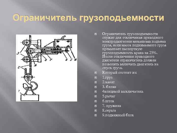 Ограничитель грузоподьемности Ограничитель грузоподъемности служит для отключения приводного электродвигателя механизма подъема груза, если масса