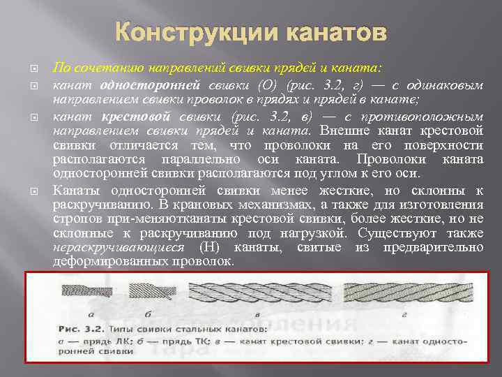 Конструкции канатов По сочетанию направлений свивки прядей и каната: канат односторонней свивки (О) (рис.