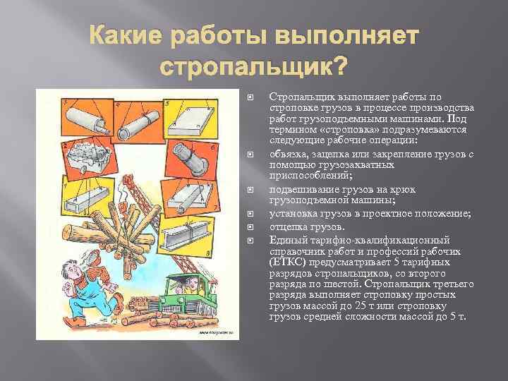 Какие работы выполняет стропальщик? Стропальщик выполняет работы по строповке грузов в процессе производства работ