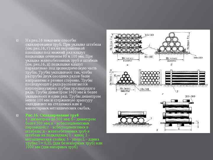  На рис. 16 показаны способы складирования труб. При укладке штабеля (см. рис. 16,