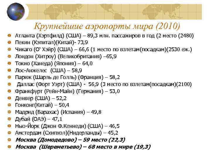 Крупнейшие аэропорты мира (2010) Атланта (Хэртфилд) (США) – 89, 3 млн. пассажиров в год