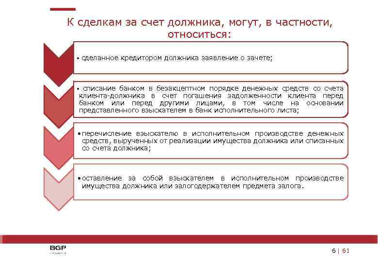 К сделкам за счет должника, могут, в частности, относиться: • сделанное кредитором должника заявление