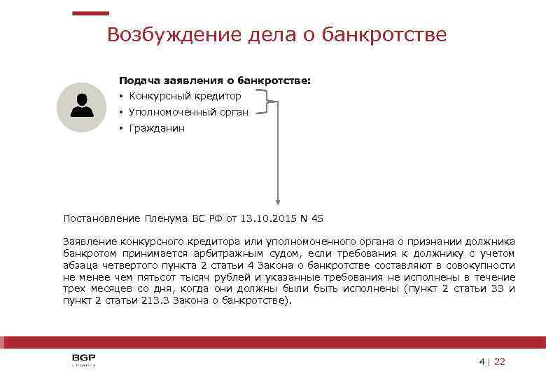 Возбуждение дела о банкротстве Подача заявления о банкротстве: • Конкурсный кредитор • Уполномоченный орган