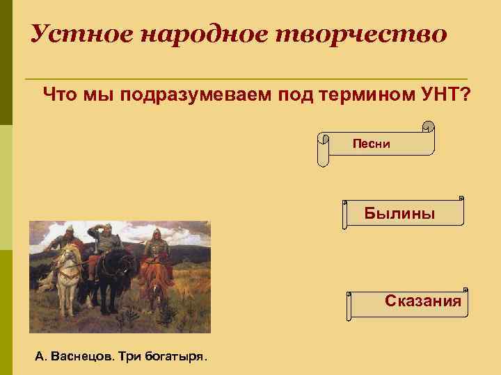 Устное народное творчество Что мы подразумеваем под термином УНТ? Песни Былины Сказания А. Васнецов.