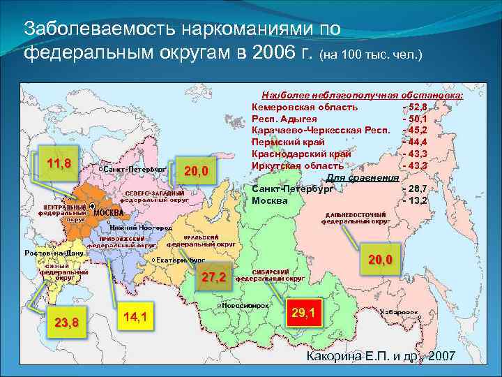 Заболеваемость наркоманиями по федеральным округам в 2006 г. (на 100 тыс. чел. ) 11,