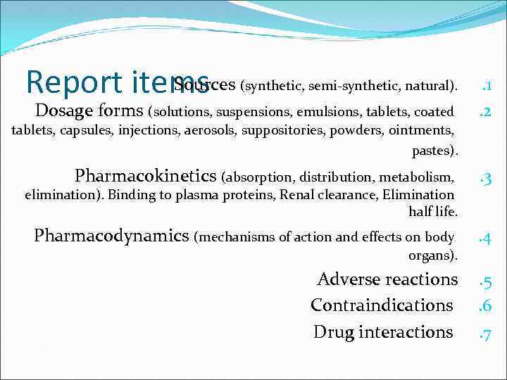 Sources Report items Dosage forms (solutions, suspensions, emulsions, tablets, coated . 1. 2 Pharmacokinetics