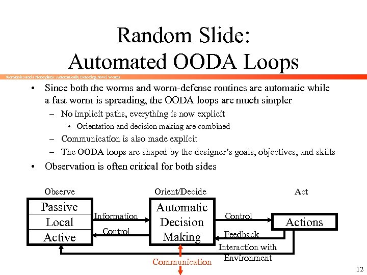 Random Slide: Automated OODA Loops Wormholes and a Honeyfarm: Automatically Detecting Novel Worms •