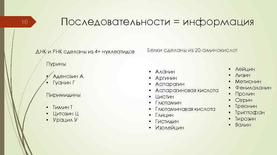 10 Последовательности = информация ДНК и РНК сделаны из 4+ нуклеатидов Белки сделаны из