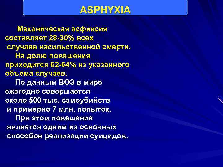 ASPHYXIA Механическая асфиксия составляет 28 -30% всех случаев насильственной смерти. На долю повешения приходится