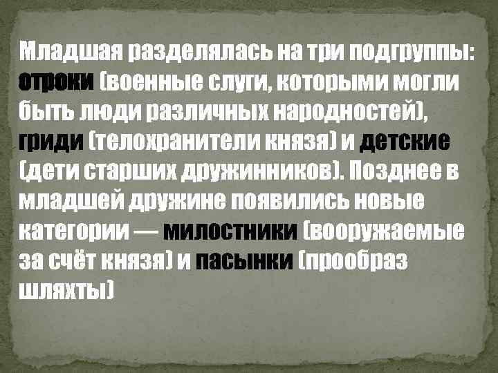 Младшая разделялась на три подгруппы: отроки (военные слуги, которыми могли быть люди различных народностей),