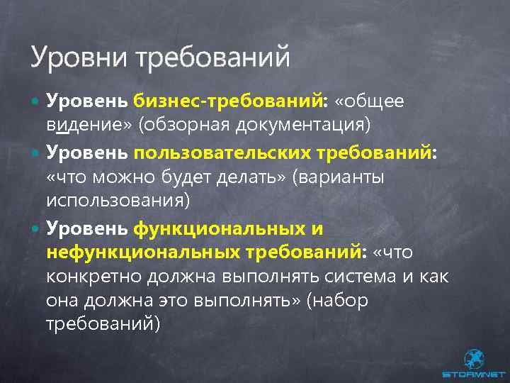 Уровни требований Уровень бизнес-требований: «общее видение» (обзорная документация) Уровень пользовательских требований: «что можно будет