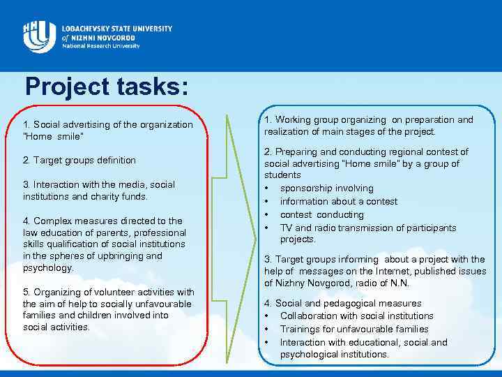 Project tasks: 1. Social advertising of the organization ”Home smile” 2. Target groups definition