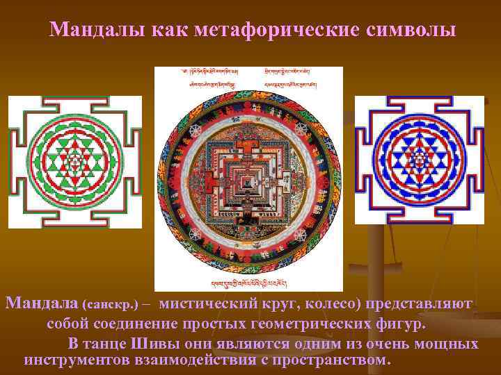Мандалы как метафорические символы Мандала (санскр. ) – мистический круг, колесо) представляют собой соединение