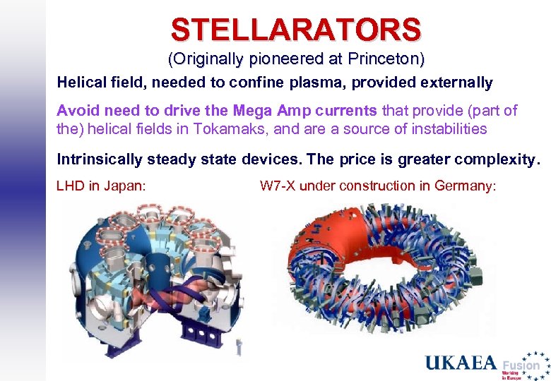 STELLARATORS (Originally pioneered at Princeton) Helical field, needed to confine plasma, provided externally Avoid