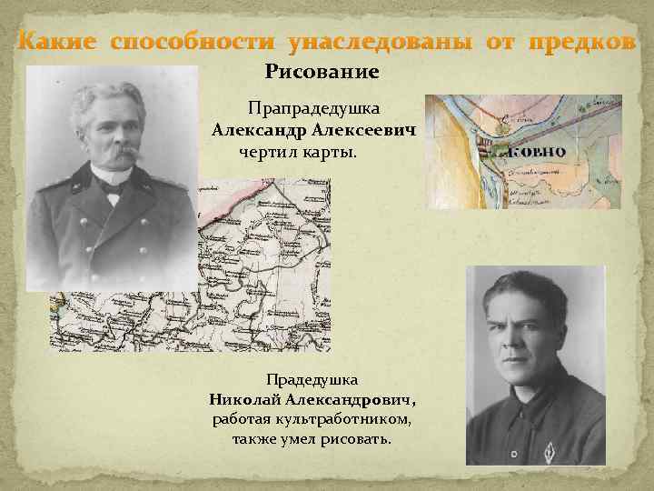 Какие способности унаследованы от предков Рисование Прапрадедушка Александр Алексеевич чертил карты. Прадедушка Николай Александрович,