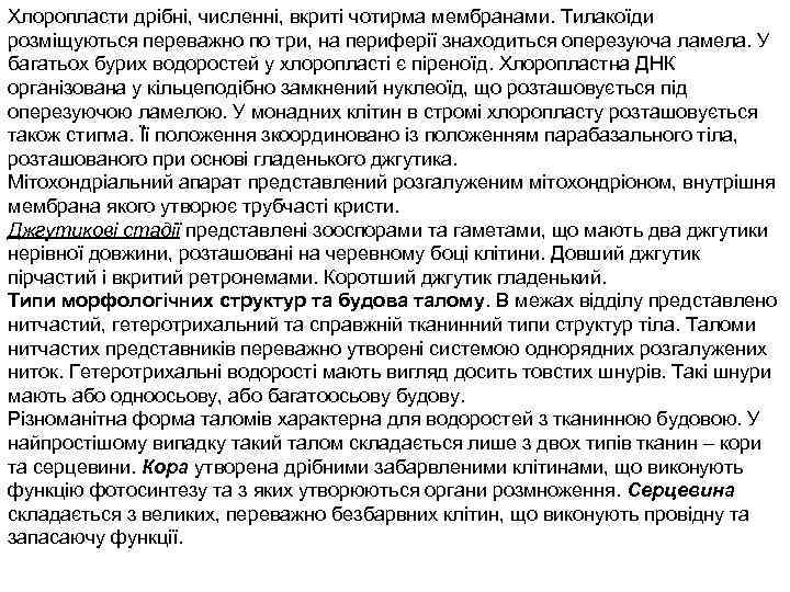 Хлоропласти дрібні, численні, вкриті чотирма мембранами. Тилакоїди розміщуються переважно по три, на периферії знаходиться