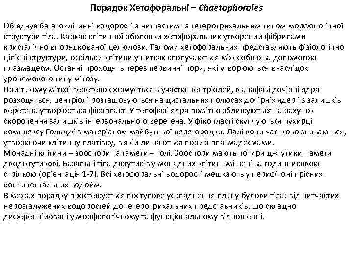 Порядок Хетофоральні – Chaetophorales Об'єднує багатоклітинні водорості з нитчастим та гетеротрихальним типом морфологічної структури