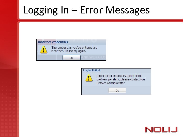 Logging In – Error Messages 