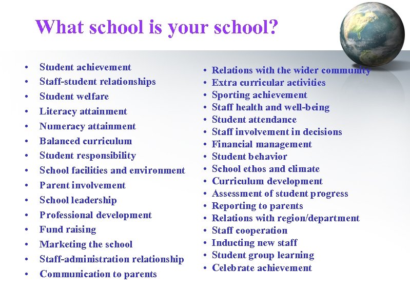 What school is your school? • • • • Student achievement Staff-student relationships Student