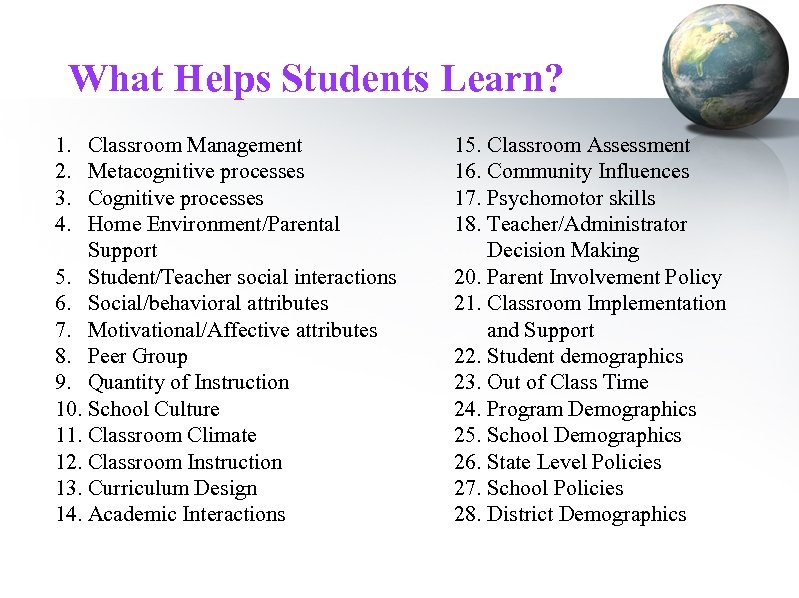 What Helps Students Learn? 1. 2. 3. 4. Classroom Management Metacognitive processes Cognitive processes