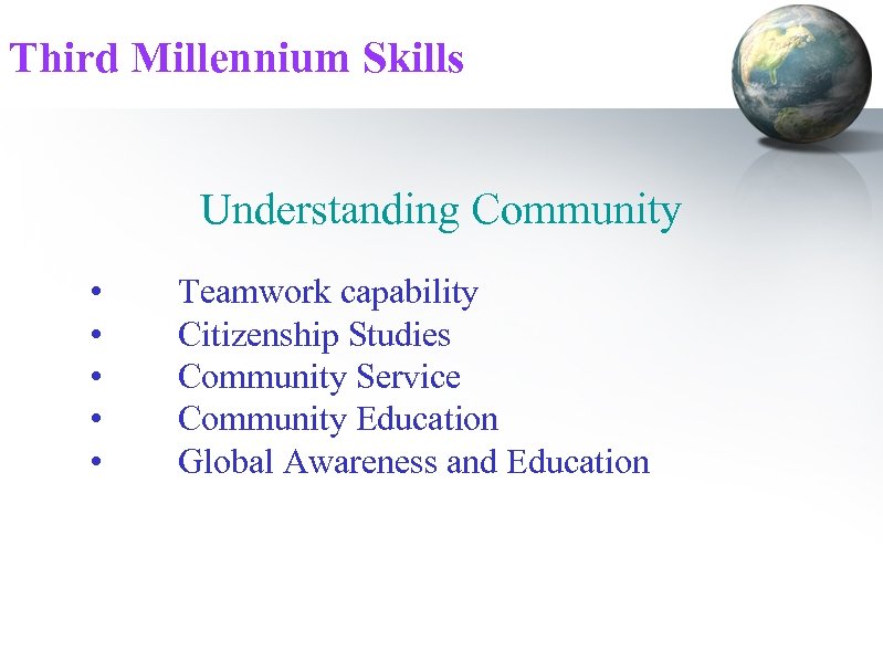 Third Millennium Skills Understanding Community • • • Teamwork capability Citizenship Studies Community Service