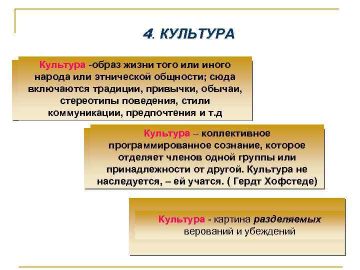 4. КУЛЬТУРА Культура -образ жизни того или иного народа или этнической общности; сюда включаются