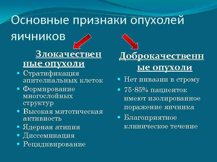 Основные признаки опухолей яичников Злокачествен ные опухоли Стратификация эпителиальных клеток Формирование многослойных структур Высокая