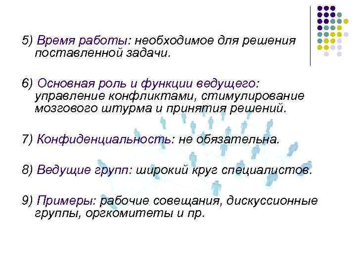 5) Время работы: необходимое для решения поставленной задачи. 6) Основная роль и функции ведущего: