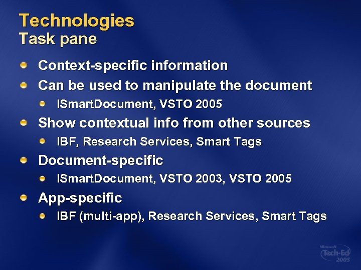 Technologies Task pane Context-specific information Can be used to manipulate the document ISmart. Document,