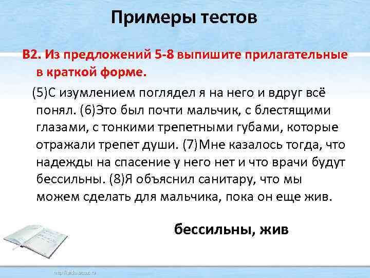 Примеры тестов В 2. Из предложений 5 -8 выпишите прилагательные в краткой форме. (5)С