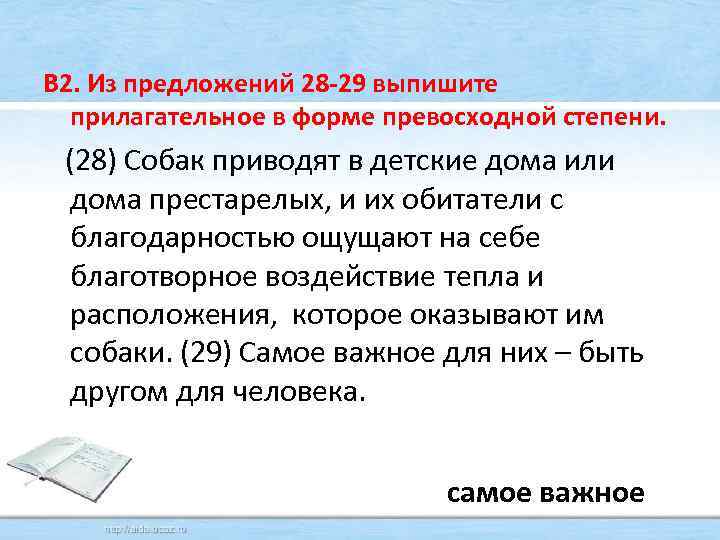 В 2. Из предложений 28 -29 выпишите прилагательное в форме превосходной степени. (28) Собак