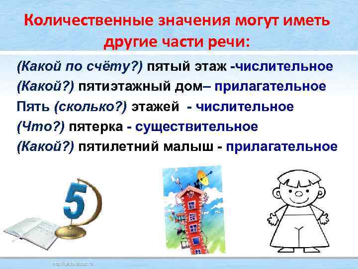Количественные значения могут иметь другие части речи: (Какой по счёту? ) пятый этаж -числительное