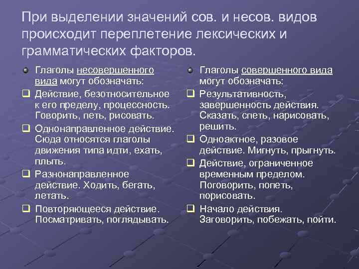 При выделении значений сов. и несов. видов происходит переплетение лексических и грамматических факторов. q