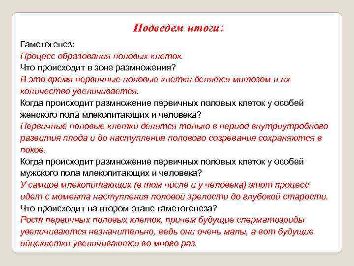 Подведем итоги: Гаметогенез: Процесс образования половых клеток. Что происходит в зоне размножения? В это