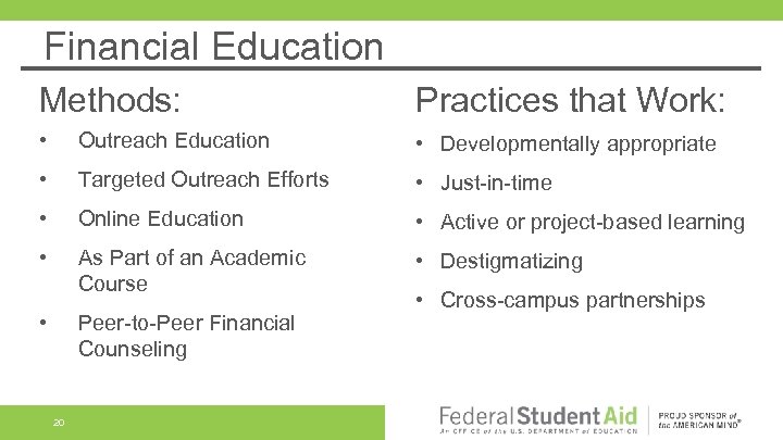 Financial Education Methods: Practices that Work: • Outreach Education • Developmentally appropriate • Targeted