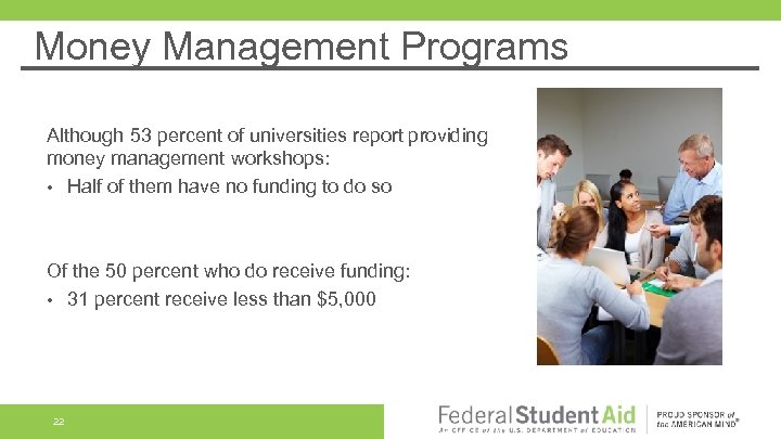 Money Management Programs Although 53 percent of universities report providing money management workshops: •